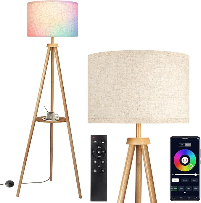 OUTON Tripod Floor Lamp with Shelves, Mid Century Dimmable Wood Floor Lamp with Remote Control, 4 Color Temperatures, Standing Tall Lamp with Linen Shade for Living Room, Bedroom, Office, Oak Hardwood