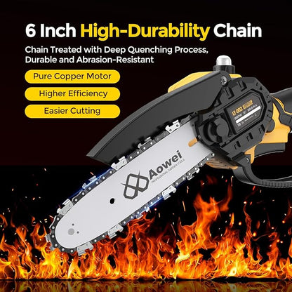 Mini Chainsaw Cordless, 6 inch Electric Chain Saw with 2 Pack 2.0Ah Rechargeable Batteries, Battery Powered Handheld Saw for Trees Trimming Wood Cutting, Perfect Gardening Tools,Gift for Men Dad Women