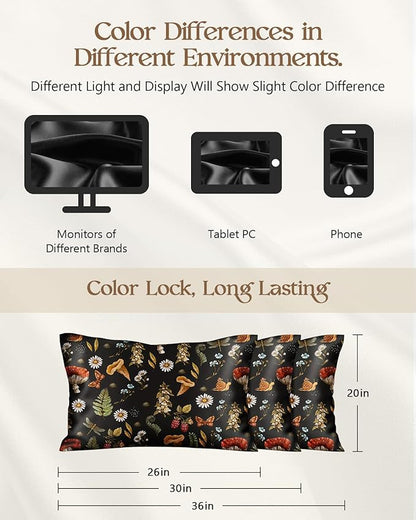 Silk Pillowcase 2 Pack - Pillow Cases 20" x 36" King Size Set of 2 for Hair and Skin Smooth Soft Breathable with Hidden Zipper Cooling Pillow Covers for Sleeping, Mushroom Plants