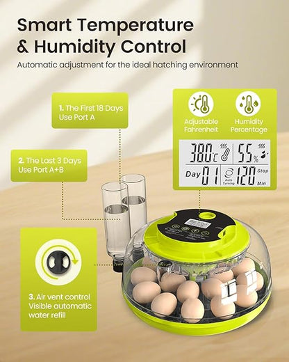 Incubator for Hatching Eggs, 18 Eggs Capacity, Incubators with Egg Candler, Automatic Egg Turner, Temperature & Humidity Control, Full Viewing for Chicken, Duck, Quail, Goose, Parrot, Pigeon