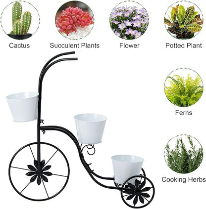 BAYN Bicycle Planter Stand, Metal Flower Pot Cart Holder Tricycle Planter with 3 Plant Bucket Outdoor Decorative for Patio, Deck, Garden or Lawn