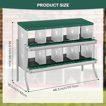 8-Hole Chicken Nesting Box, Rustproof Galvanized Steel, Wall-Mounted Metal Laying Box for Hens, Easy Egg Collection & Cleaning, Roll Away Nest Boxes - Green