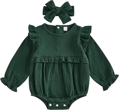 Newborn Infant Baby Girl Clothes Cotton Linen Long Sleeve Smocked Bubble Romper Ruffle Bodysuit Jumpsuit Fall Outfit