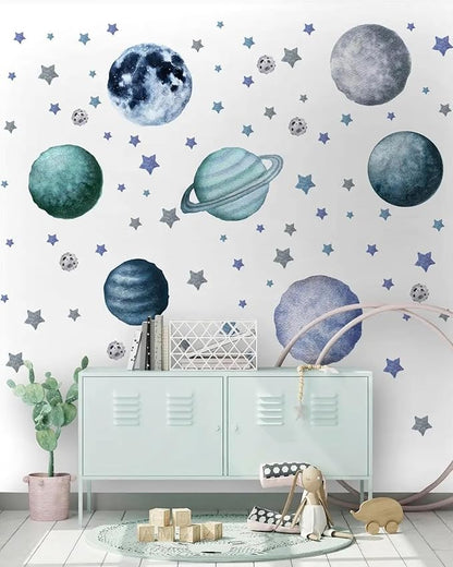 Planets and Stars Wall Decals, Removable Solar System Wall Stickers, Space Wall Décor, Peel and Stick Universe Art Mural Vinyl Sticker for Kids Boys Bedroom Nursery Decoration