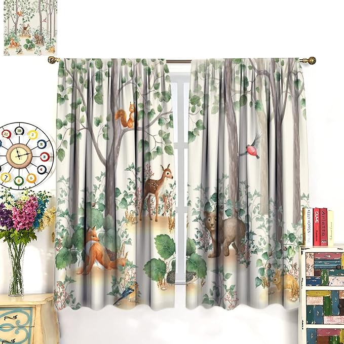 Forest Animal Curtains,Fox Elk Bird Animal Watercolor Woodland Print Curtains Kids Nursery Bedroom Living Room Home Decoration 42x54 Inch
