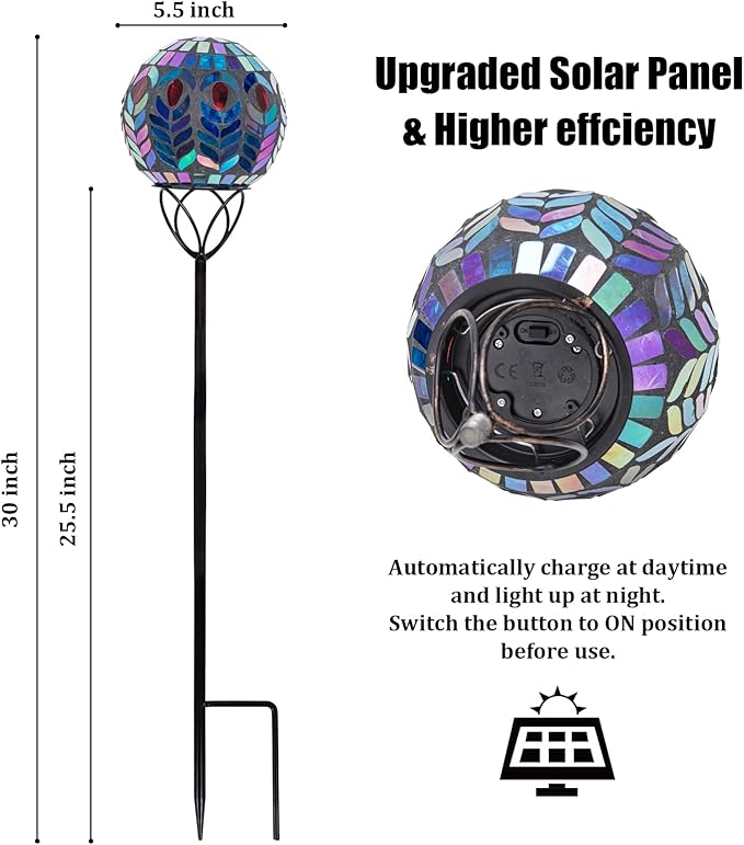 VCUTEKA Solar Lights Outdoor Garden Decor Mosaic Solar Garden Lights Waterproof Glass Ball LED Pathway Stake Light for Landscape Lawn Patio Yard Decoration 6 inch