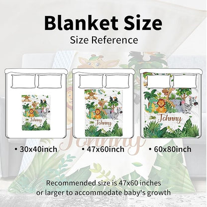Custom Name Baby Swaddle Blanket – Cozy Flannel with Double-Layer Dotted Backing – Lion and Jungle Theme for Infants and Toddlers