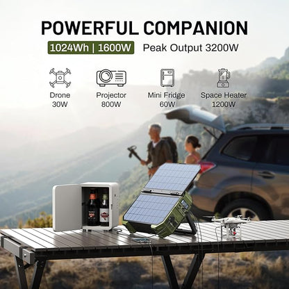 BROWEY 1600W (3200W Peak) Portable Power Station, 1024Wh LiFePO4 Battery with Built-in Solar Panel, 100W USB-C PD, Solar Generator for Camping, RV, Home Backup, Emergency