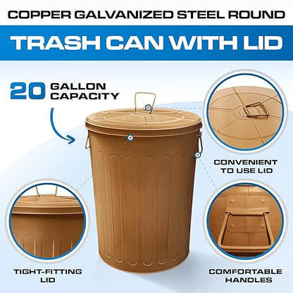 Plexon Large Metal Trash Can with Lid 20 Gallon, Decorative Outdoor Trash Can Heavy Duty Galvanized Metal Bucket with Lid for Garage Workshop Ash Storage Farmhouse, Copper 6 Pack