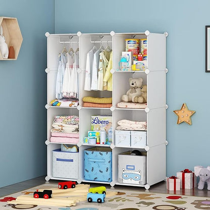 VIPZONE Baby Closet,Dresser, Kids Closet Organizers, Portable Kids Wardrobe for Closet, Bedroom, Nursery, Cubby, Cabinet, Clothes, Dress, Baby Storage Shelf, Armoire Clothes Hanging (12 Cube, White)