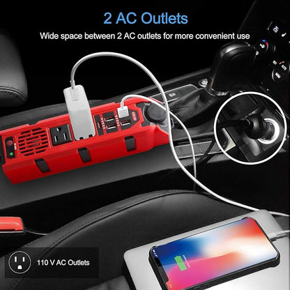 200W Car Power Inverter DC 12V to 110V AC Converter with Dual AC Outlets, 4 Quick Charger 2.4A USB Ports and 1 Type C Port Cigarette Lighter Socket Charger Adapter