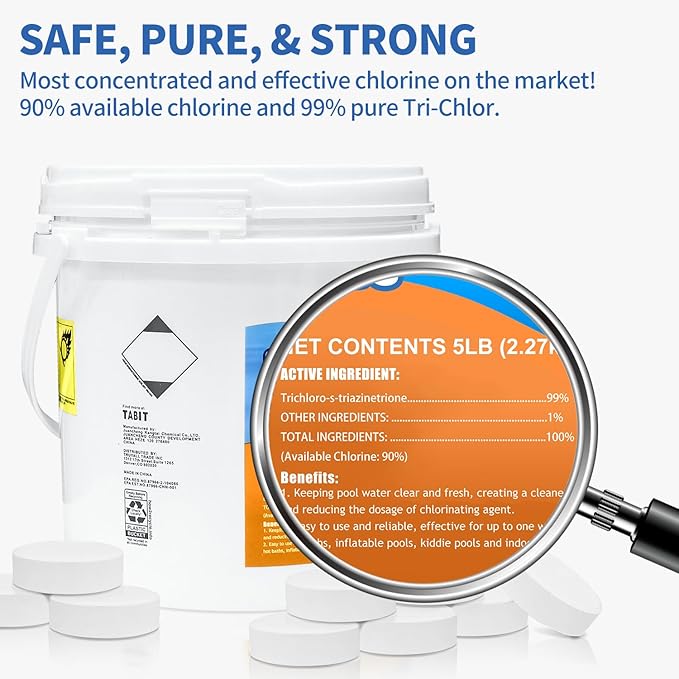 Chlorine Tablets 3 inch 5 Pounds, TABIT Swimming Pool Long Lasting Chlorinating Tablets, Slow Dissolving, Tri-Chlor for Swim Pool, Hot Tubs, Spa