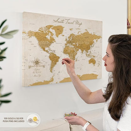 ElephantStock - Personalized Travel Push Pin World Map Wall Art - Horizontal Canvas Wall Art - Living Room Wall Decor - Digital Art Map Canvas Art - Orange And Beige Decor - 30" x 20"