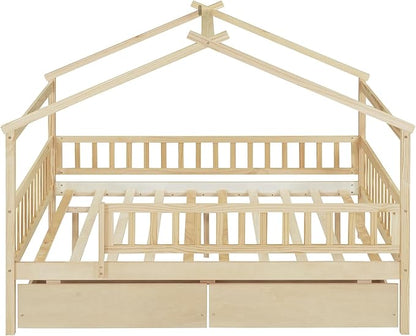 Merax Full Size Wooden House Bed with Two Drawers, Wood Bed Frame with Roof and Safety Guardrail for Kids, Teens, Boys or Girls, Natural