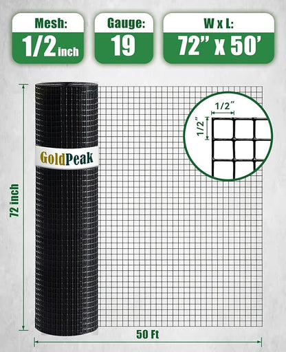 GoldPeak Black Hardware Cloth 1/2 inch 72 inch x 50 Foot 19 Gauge, Vinyl Coated Chicken Wire Mesh Roll Chicken Wire Fencing Garden Fence Tree Guard Rodent Mesh Rat Wire