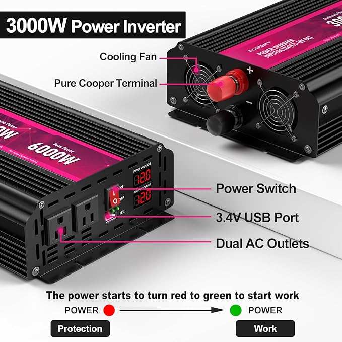 3000W Power Inverter,12V DC to AC 110V120V Peak Power 6000W with 2AC Outlets and 2.4USB Port,LCD Display Car Inverter for Outdoor Activities,Emergency