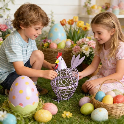 Iron Wire Hen Shape Egg Basket, Egg Holder Farm Fresh Egg Storage Container Decorative, Chicken Decoration for Kitchen Dining (Purple)