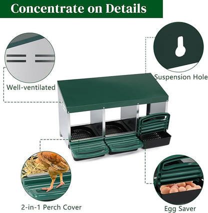 3 Compartment Roll Out Chicken Nesting Box with Plastic Basket, Egg Nest Box Chicken Laying Box Hens Chicken Coop Box with Swing Perch and Roll Out Egg Collection for Chicken Coop, Green