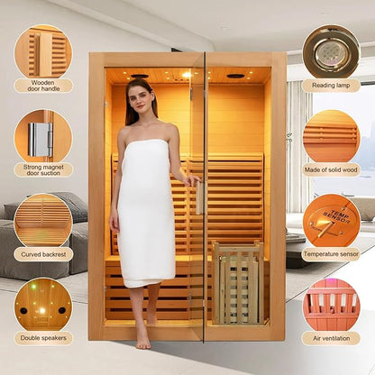 ZONEMEL Wooden Steam Sauna Room, 2 Person Canadian Hemlock Luxurious Indoor Sauna with 3.5 KW Harvia Stove Heater, Bluetooth Speaker, Sauna Stone, Wooden Bucket, Scoop, Reading Light, Hourglass,220V