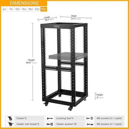 RIVECO 25U Open Frame Server Rack with Wheels- Heavy Duty 4 Post Quick Assembly 19-inch Support 600 LBS Equipment Thick Cold Rolled Steel Cabinet Black