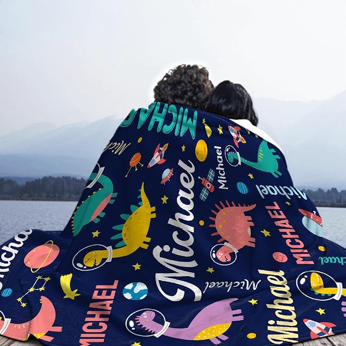 Dinosaur Lover Personalized Blanket with Custom Baby Dinosaur Custom Name Flannel Blanket Soft Throw Meaningful Gift for Toddlers Girls Boys Kids Pets 80 * 60" L for Adult