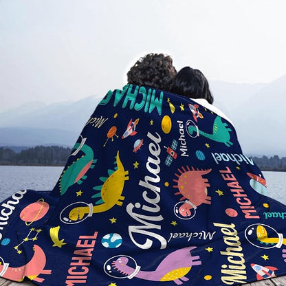 Dinosaur Lover Personalized Blanket with Custom Baby Dinosaur Custom Name Flannel Blanket Soft Throw Meaningful Gift for Toddlers Girls Boys Kids Pets 80 * 60" L for Adult