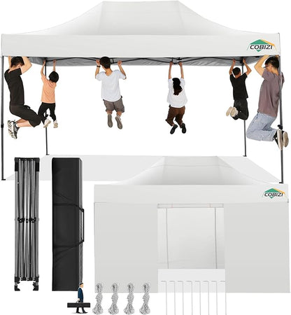 COBIZI 10x15 Pop Up Canopy with 4 Sidewall,Heavy Duty Canopy UPF 50+ All Season Wind Waterproof Commercial Outdoor Wedding Party Tents for Parties Gazebo with Carry Bag(10 x 15 ft White)
