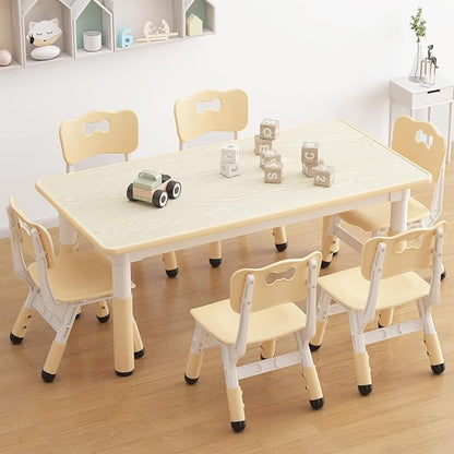 GAOMON Kids Table and 6 Chairs Set, Height Adjustable Toddler Table and Chairs Set for Ages 2-10, Graffiti Desktop, Non-Slip Legs, Children Activity Table for Daycare Classroom Home