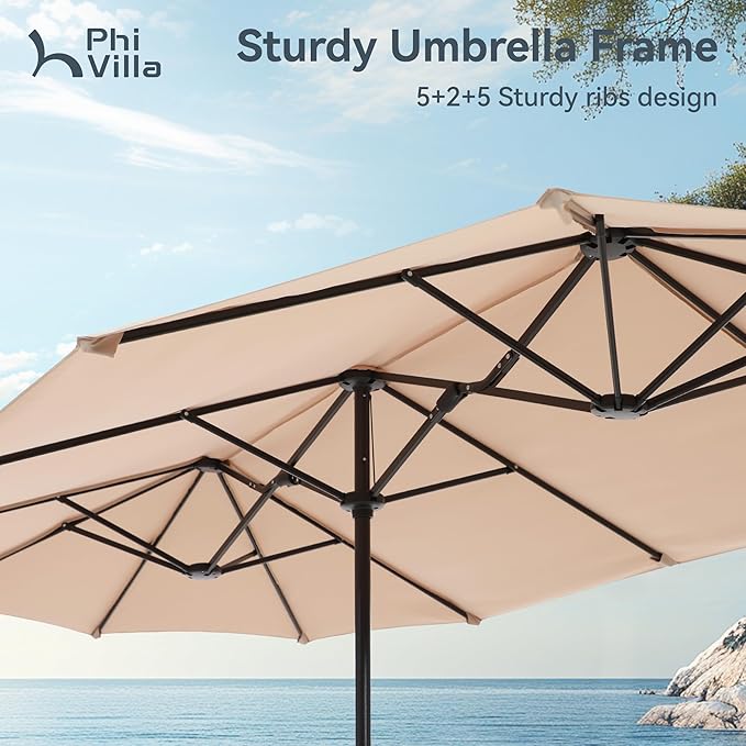 PHI VILLA 13ft Large Patio Umbrella Double-Sided Twin Outdoor Market Umbrella with Crank, Beige