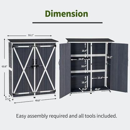 MCombo Outdoor Storage Cabinet with Shelves, Wood Garden Shed with Floor, Outside Tool Shed with 2 Lockable Doors for Backyard Patio Lawn, 1400 (Gray)