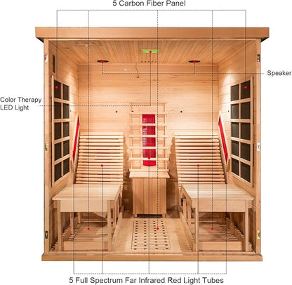 Smartmak Full Spectrum Infrared 2 Person Sauna Room, Red Light Therapy Luxury Wood Home Sauna with Recliner, Canadian Hemlock Indoor Dry Saunas Spa, 3400W with 10 Heaters, Speakers, Lights, Oxygen Bar