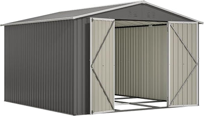 10×10 FT Outdoor Storage Shed,Metal Aluminum Waterproof Tool Sheds with Foundation,Doors & Vents,Heavy-Duty Sheds Unit W/Lock & Key,for Storing Bicycles,Lawnmowers,Barbeques,Gray