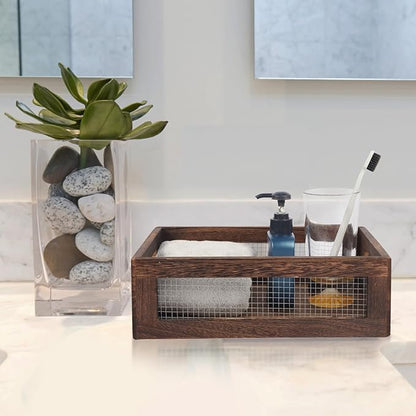 Rustic Wooden Storage Baskets, Nesting Design with Wire Mesh, Set of 2, Dark Brown