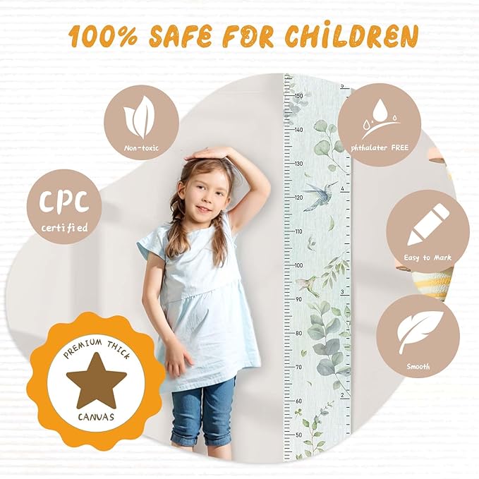 Personalized Name Growth Chart for Wall, Eucalyptus Leaves Canvas Height Chart for Kids Baby Child Toddler Boys Girls, Canvas&Wood Growth Chart for Wall Room Nursery Decor,Easy Care