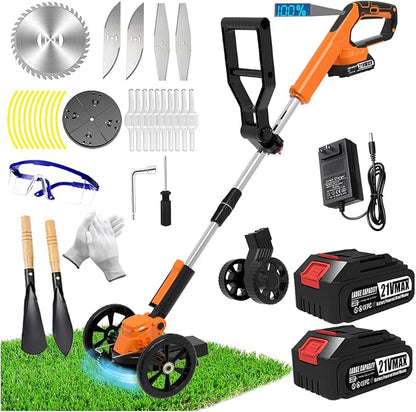 Electric Weed Wacker Eater Cordless Battery Powered, Weed Trimmer 21V Lightweight No-String with 2 Battery Operated & Wheels, 3 in 1 Stringless Grass Trimmer/Edger/Brush Cutter for Garden Yard Lawn