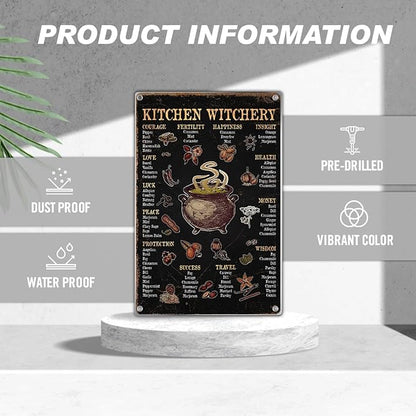 Kitchen Witchery Herbs Meaning Chart Metal Sign Witchcraft Cauldron Illustration Home Witch Decor Spiritual Rustic Wall Decoration 8 x 12 Inch Outdoor Indoor Aluminum
