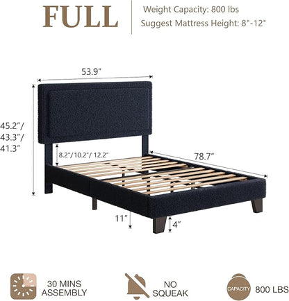 Full Size Boucle Bed Frame, Upholstered Platform Cloud Bed Frame with Headboard, Soft Teddy Fabric, Modern Style, No Box Spring Required, Easy Assembly, Blue-Black