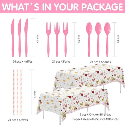 Chicken Party Decorations Tableware for Birthday Baby Shower, Farm Animal Barnyard Little Chick Birthday Party Supplies, Plate, Cup, Napkin, Straws, Disposable Cutlery, Tablecloth, 24 Guests