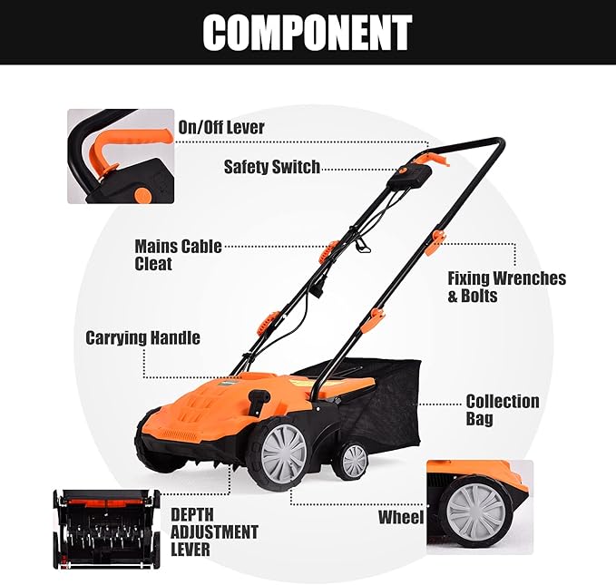 ARNOT Lawn Dethatcher & Scarifier, 2-in-1 Electric Corded Lawn Dethatcher, 13-Inch 12Amp Lawn Scarifier, 3-Position Raking Depth, w/40L Collection Bag & 2 Removable Blades, Orange