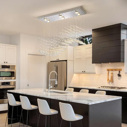 Modern Silver Crystal Raindrop Chandelier: 31.5" Rectangle Dimmable Lighting