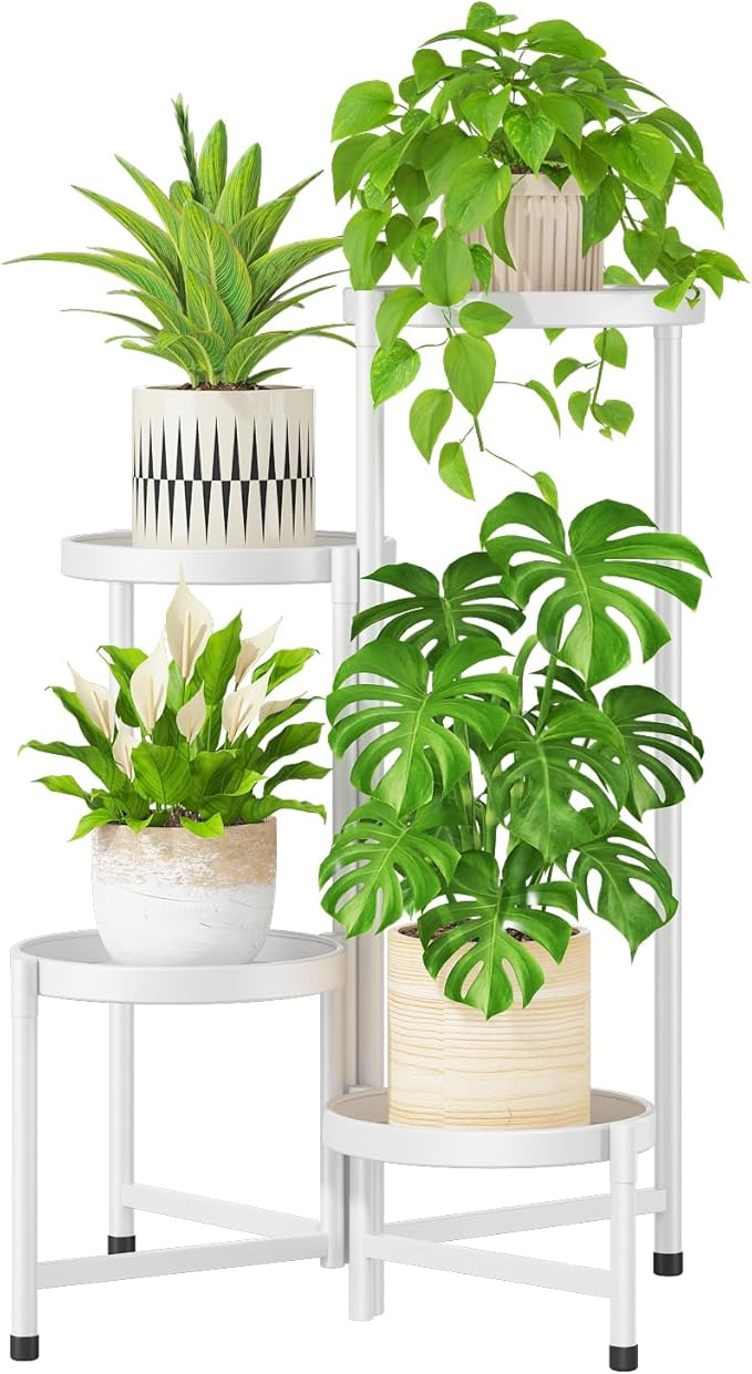 iDavosic.ly 4 Tier Large Plant Stand Indoor, 10 Inch Wide Tall Corner Metal Plant Stands Outdoor for Multiple Plants, Folding Tiered Flower Display Holder Rack Shelf, White