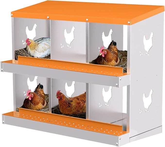 Chicken Nesting Boxes, 6-Hole Roll Away Nest Box for Chicken Coop, Metal Egg Laying Box with Perch & Lid Cover to Protect Eggs, Rollout Egg Collection, Vented Holes Orange