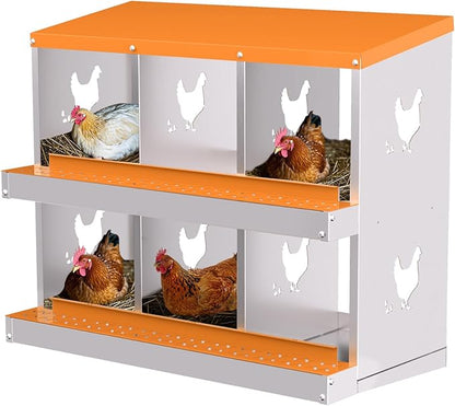 Chicken Nesting Boxes, 6-Hole Roll Away Nest Box for Chicken Coop, Metal Egg Laying Box with Perch & Lid Cover to Protect Eggs, Rollout Egg Collection, Vented Holes Orange