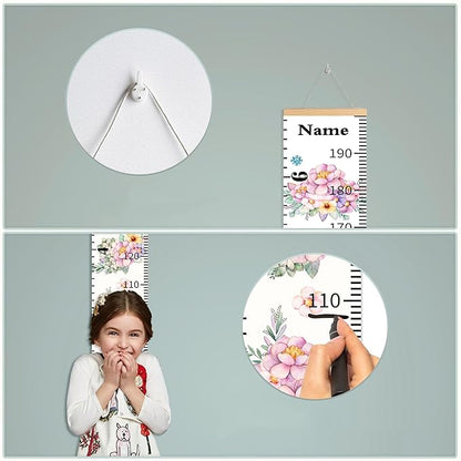 Wall Height Chart for Kids Personalized Name Custom Christmas Gift Baby Girls Flower Room Decor Wall Canvas Height Growth Measurement Ruler for Toddler Removable Wall Hanging Playroom Decoration
