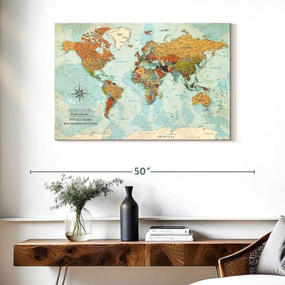 ElephantStock - Personalized Wanderer Push Pin World Map Wall Art - Horizontal Canvas Wall Art - Living Room Wall Decor - Digital Art Map Canvas Art - Orange And Blue Decor - 39" x 26"