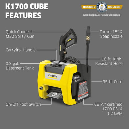 Kärcher Pressure Washer K1700 Cube, CETA Certified, 3 Spray Nozzles, Detergent Tank, for Cars, Driveways, Siding, Patios, 1.2 GPM