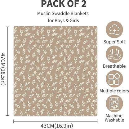 Baby Muslin Swaddle Blankets,2 Pack Receiving Blanket Baby Girl & boy,Large47 x 43 inches,Soft & Skin Friendly Swaddle Blanket Wrap(Brown)