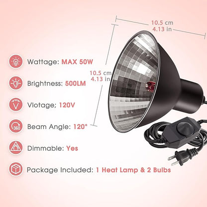 Briignite Reptile Heat Lamp Red, 50W G9 Heat Bulb & Dome Reptile Light Fixture, Aluminum Reflector, Dimmable Heat Lamp for Chicken, Turtle, Snake, Gecko, Lizard, 2 Pack