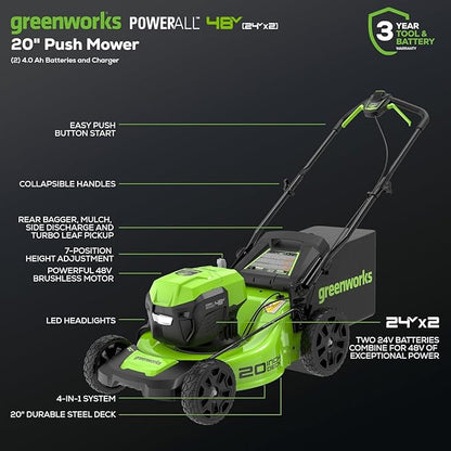 Greenworks 48V (24V x 2) 20" Brushless Cordless (Push) Lawn Mower (LED Headlight), (2) 4.0Ah Batteries and Dual Port Rapid Charger Included (200+ Compatible Tools)