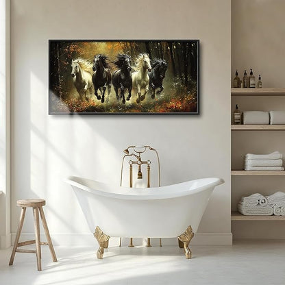 Olivine Horse Wall Art, Running Horses Pictures Wall Decor, Black And White Horse Paintings, Forest Landscape Canvas Prints, Framed Artwork for Bathroom Bedroom Living Room Office Home 60"x30"